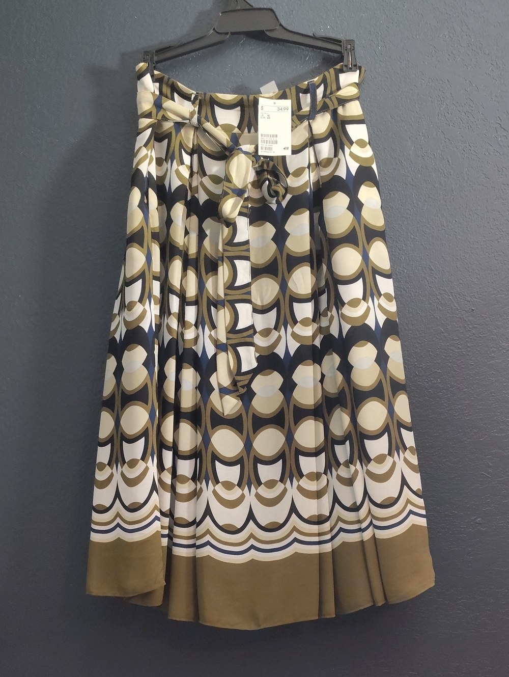 H&M Olive, Navy Cream Retro A-Line Midi Skirt Size 10 70s Earth Tone Boho